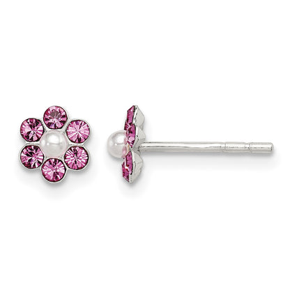Sterling Silver Polished Children's Stellux Crystal & Imitation Pearl Flower Post Earring Set