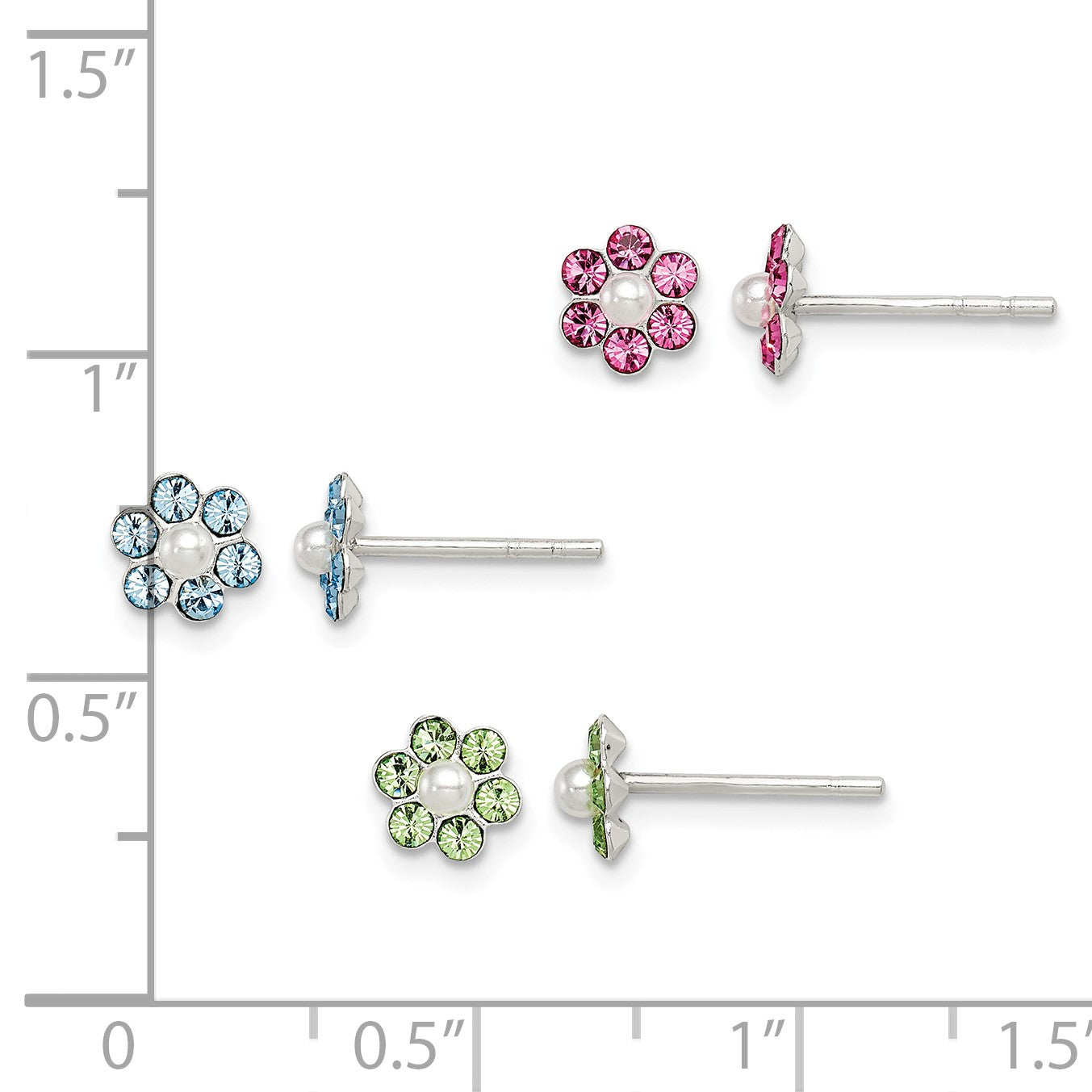 Sterling Silver Polished Children's Stellux Crystal & Imitation Pearl Flower Post Earring Set