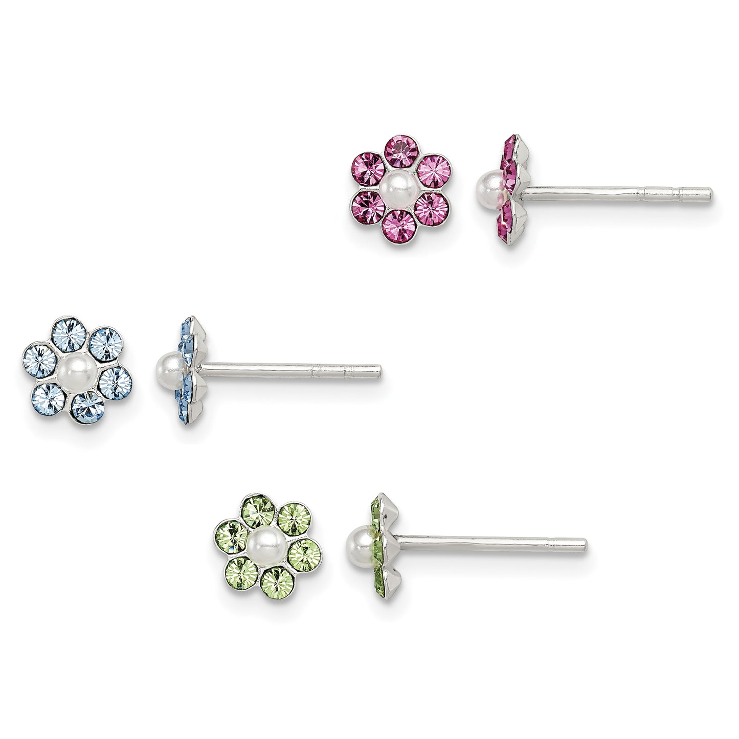 Sterling Silver Polished Children's Stellux Crystal & Imitation Pearl Flower Post Earring Set