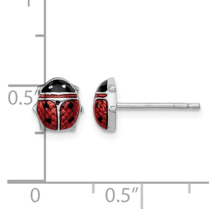Sterling Silver Rhodium Polished Enameled Lady Bug Post Earrings