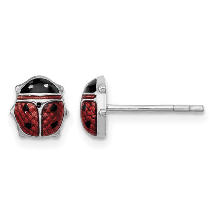Sterling Silver Rhodium Polished Enameled Lady Bug Post Earrings