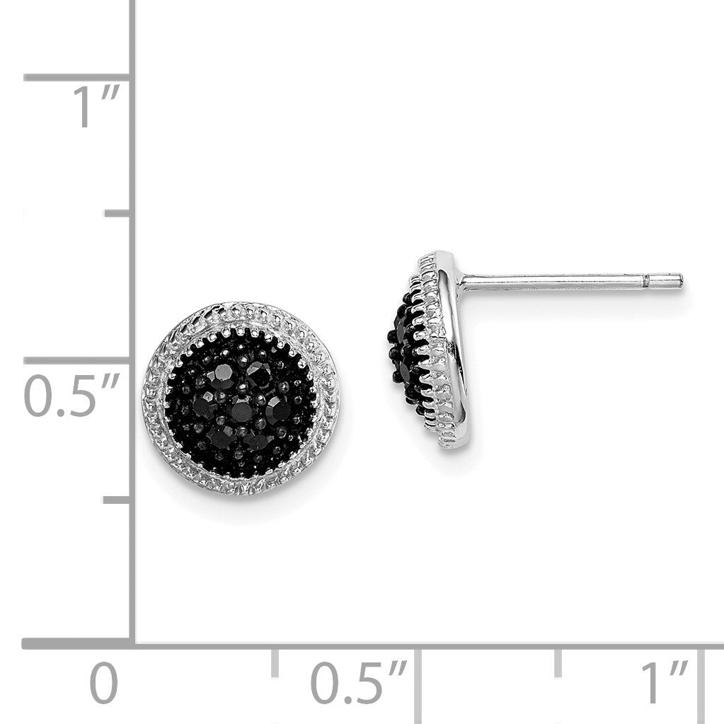 Sterling Silver RH-plated Polished & Textured Black CZ Round Post Earrings