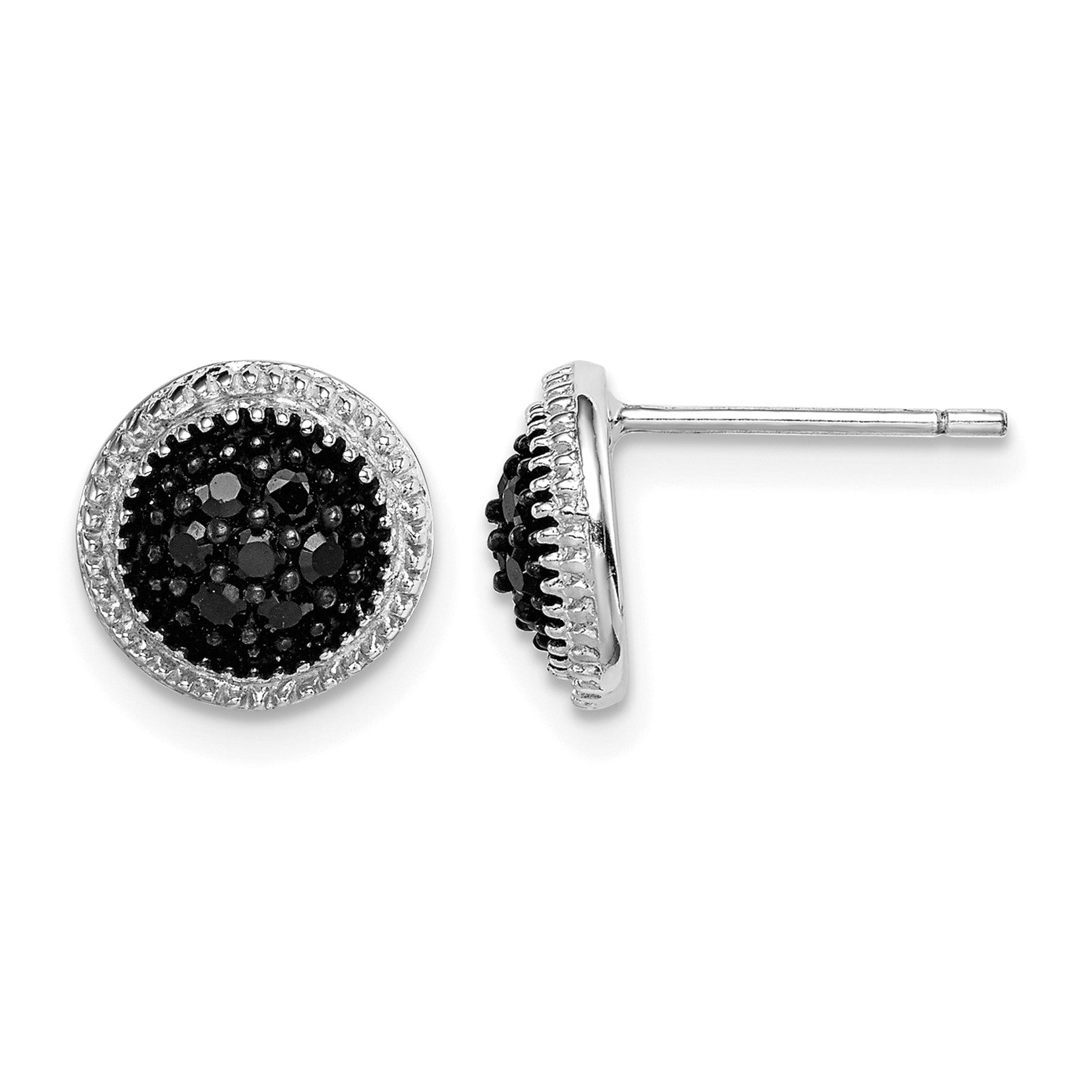 Sterling Silver RH-plated Polished & Textured Black CZ Round Post Earrings
