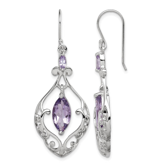 Sterling Silver Rhodium Plated Amethyst Fancy Dangle Earrings