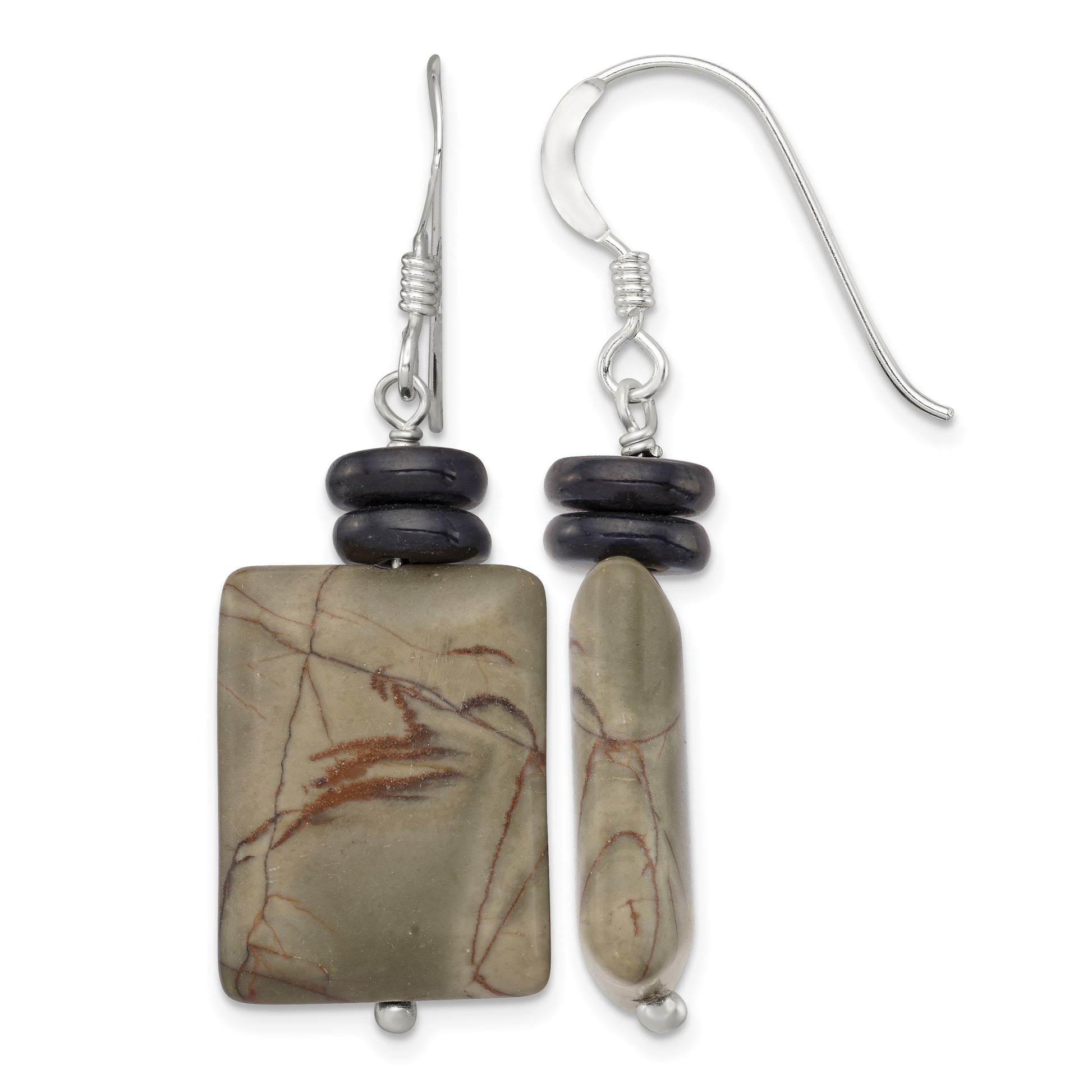 Sterling Silver Polished Black Mother of Pearl & Picasso Jasper Dangle Earrings