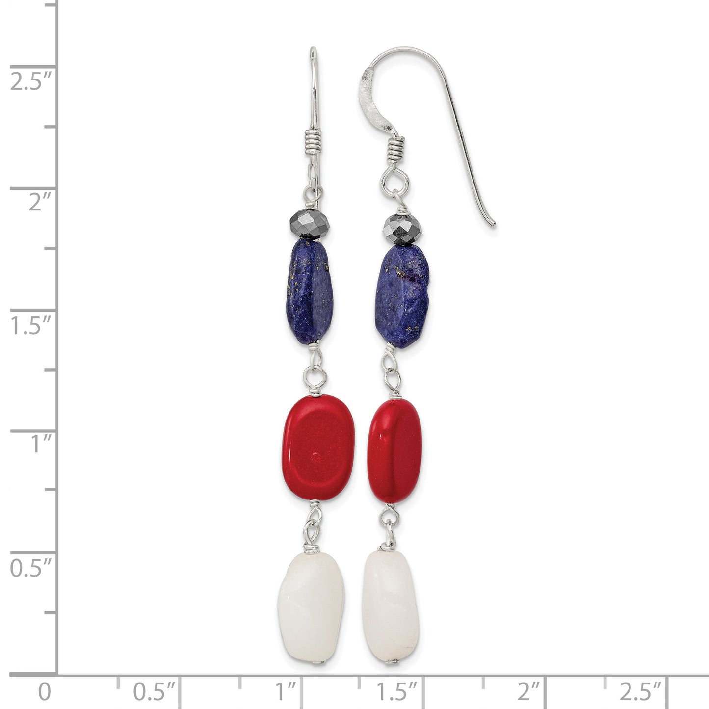 Sterling Silver Polished Red Coral/Crystal/White Jade/Lapis Dangle Earrings
