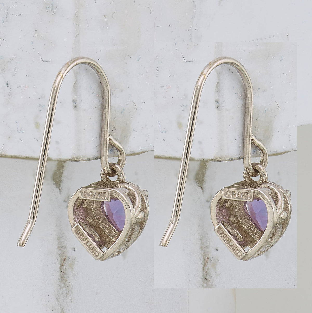 Sterling Silver Rhodium Plated Amethyst Small Heart Earrings