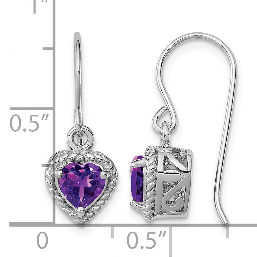 Sterling Silver Rhodium Plated Amethyst Small Heart Earrings