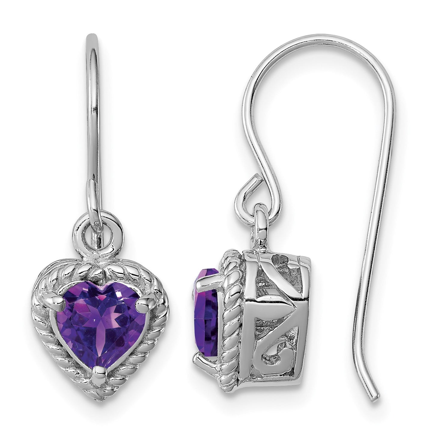 Sterling Silver Rhodium Plated Amethyst Small Heart Earrings