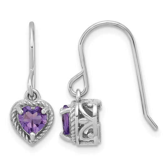 Sterling Silver Rhodium Plated Amethyst Small Heart Earrings