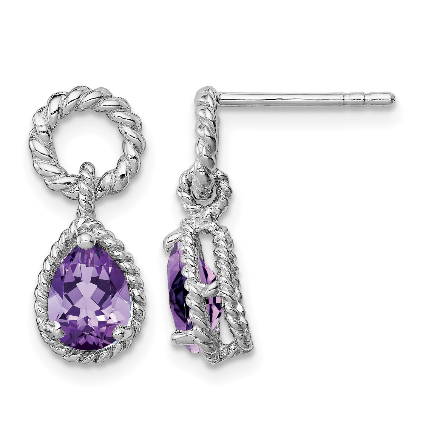 Sterling Silver Rhodium Plated Amethyst Pear Twisted Earrings