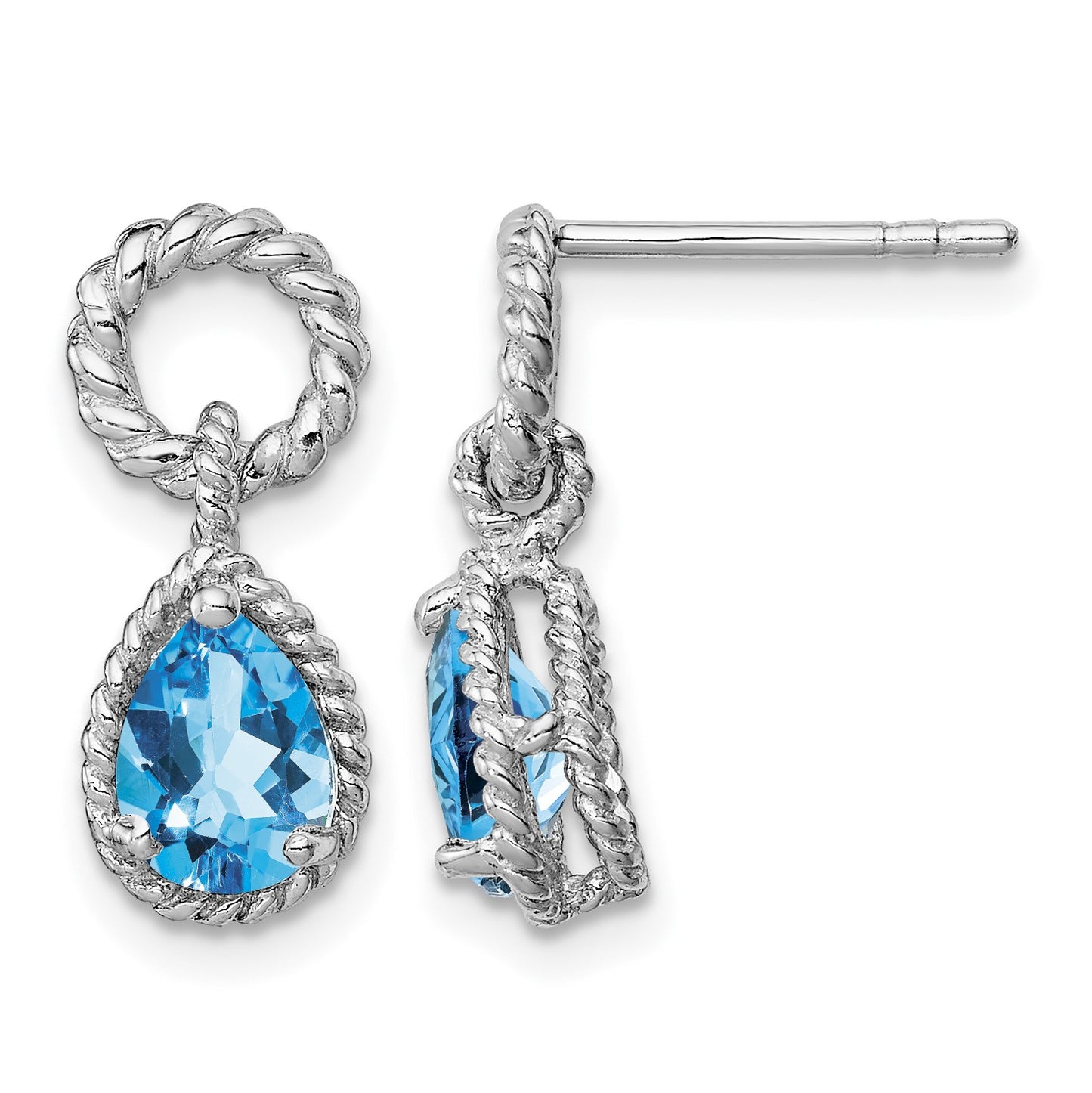 Sterling Silver Rhodium Plated Blue Topaz Pear Twisted Post Earrings