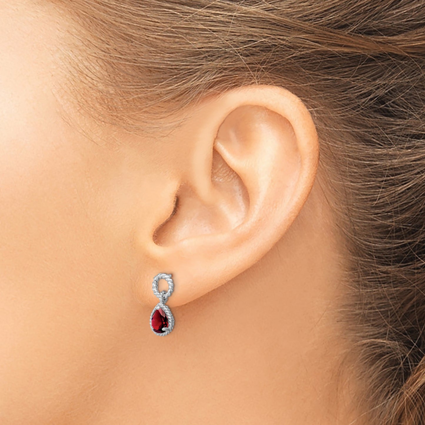 Sterling Silver Rhodium Plated Garnet Twisted Circle Post Earrings