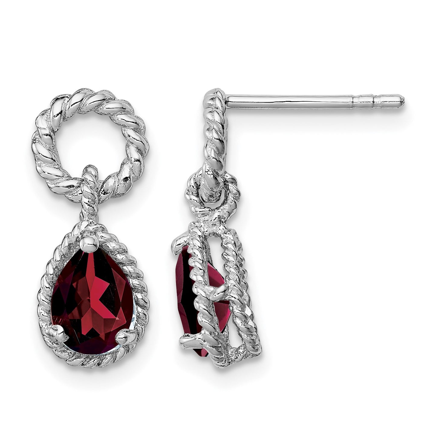 Sterling Silver Rhodium Plated Garnet Twisted Circle Post Earrings