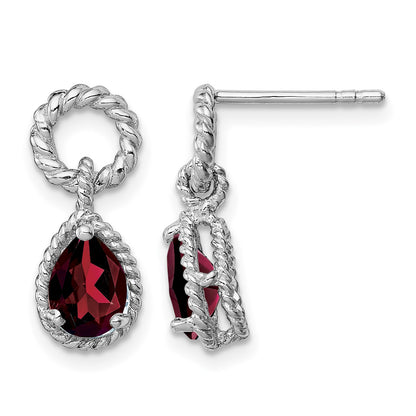 Sterling Silver Rhodium Plated Garnet Twisted Circle Post Earrings