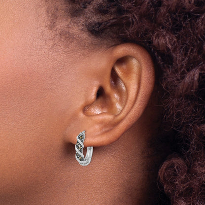 Sterling Silver Rhodium-plated Antiqued Swirl Hoop Marcasite Earrings