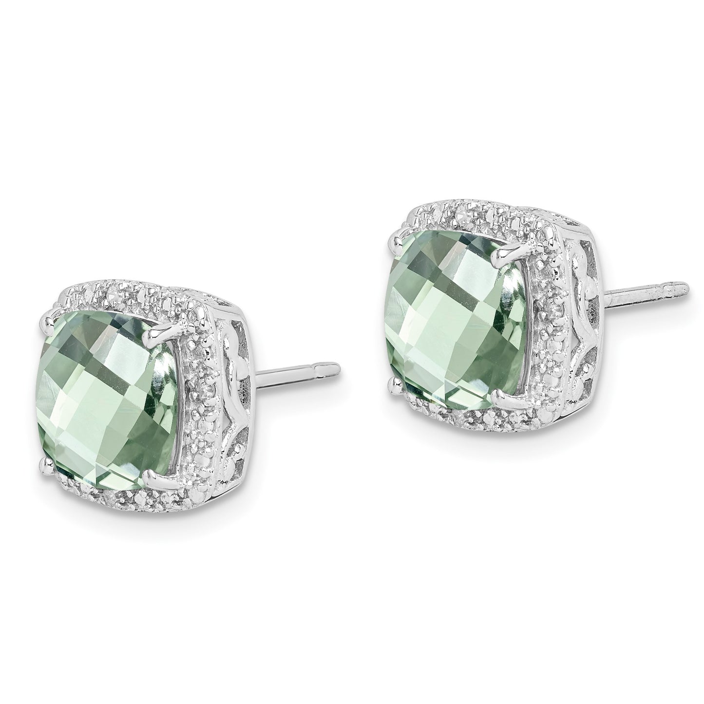 Sterling Silver Rhodium-plated Green Quartz and Diamond Earrings