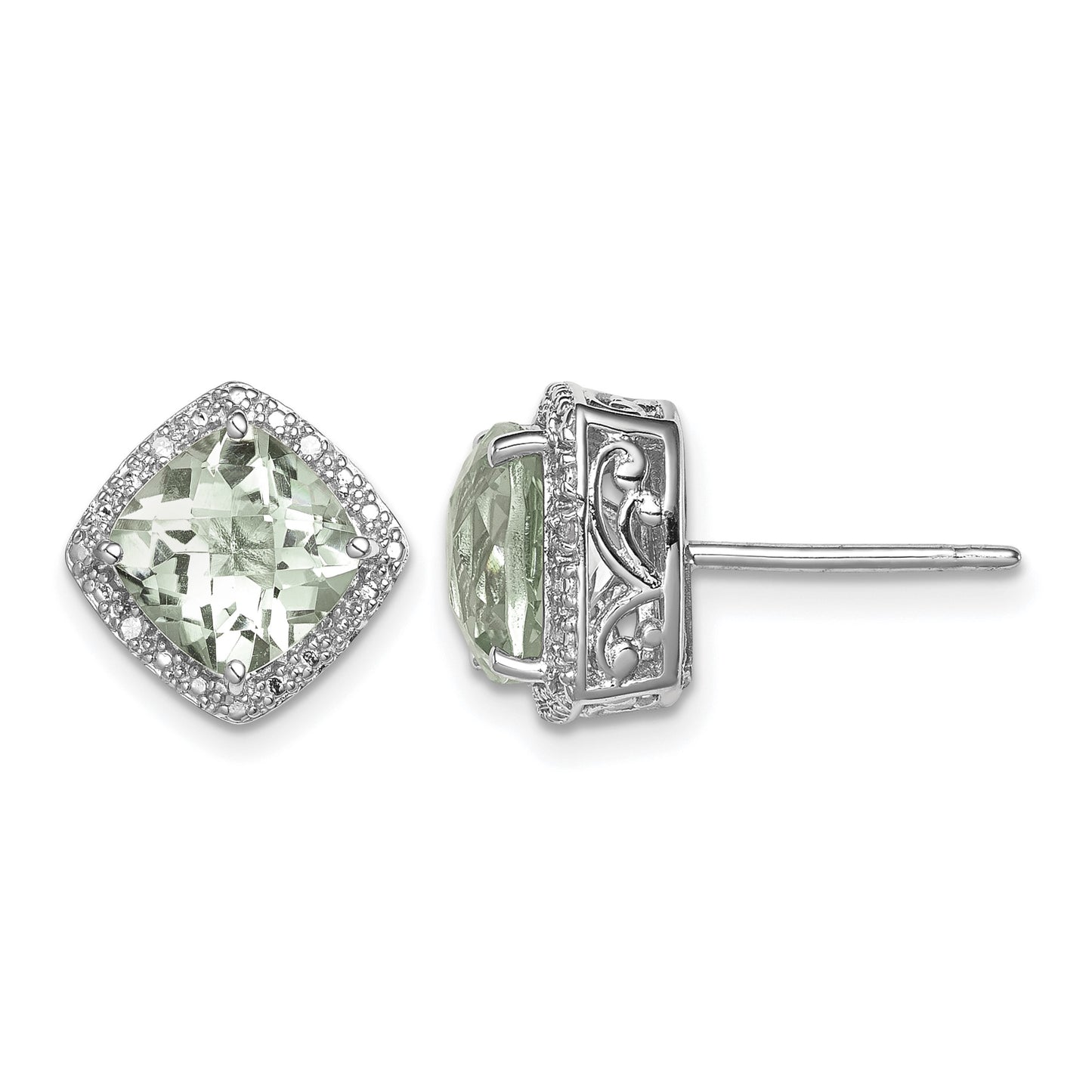 Sterling Silver Rhodium-plated Green Quartz and Diamond Earrings