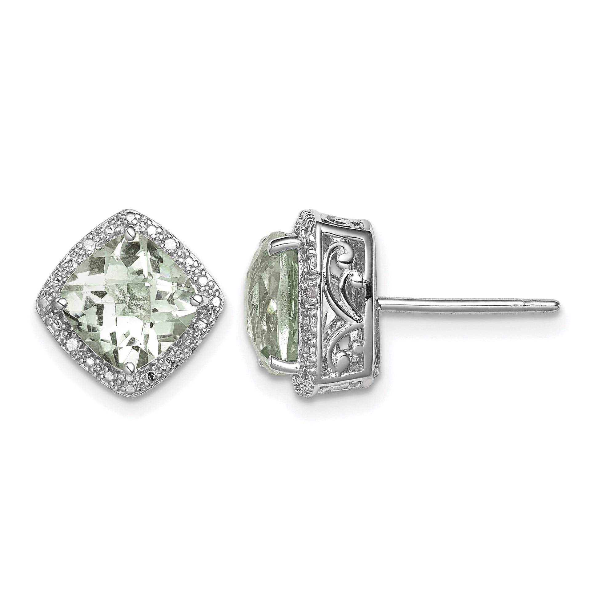 Sterling Silver Rhodium-plated Green Quartz and Diamond Earrings