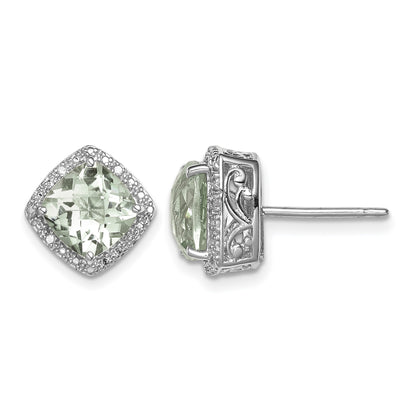 Sterling Silver Rhodium-plated Green Quartz and Diamond Earrings