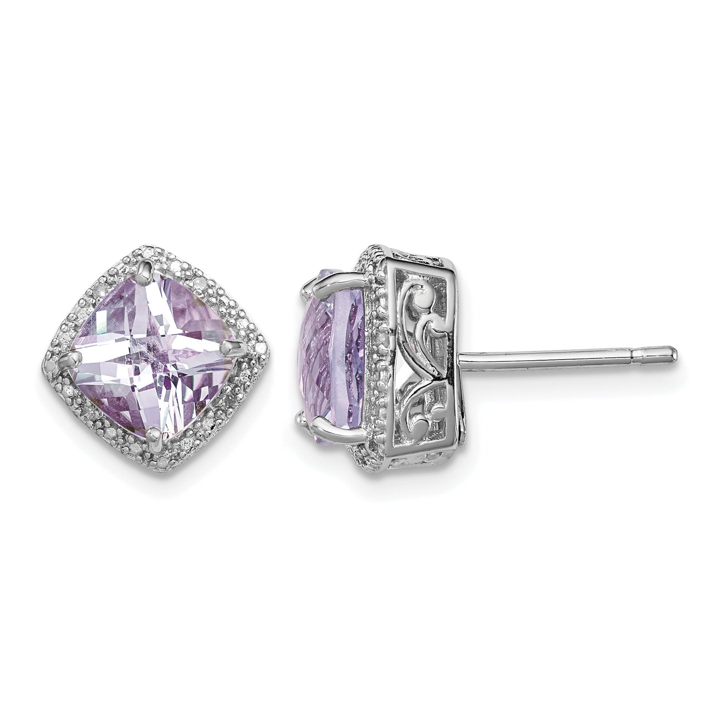 Sterling Silver Rhodium-plated Pink Quartz and Diamond Earrings