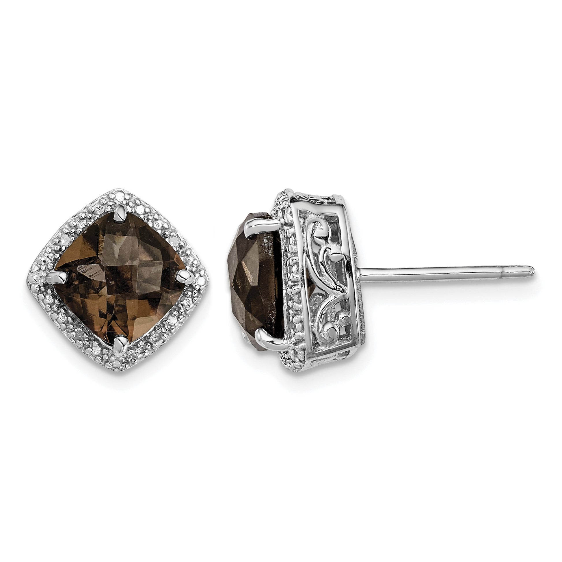 Sterling Silver Rhodium-plated Smoky Quartz and Diamond Earrings