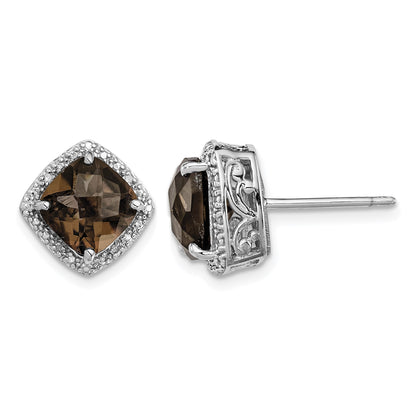 Sterling Silver Rhodium-plated Smoky Quartz and Diamond Earrings