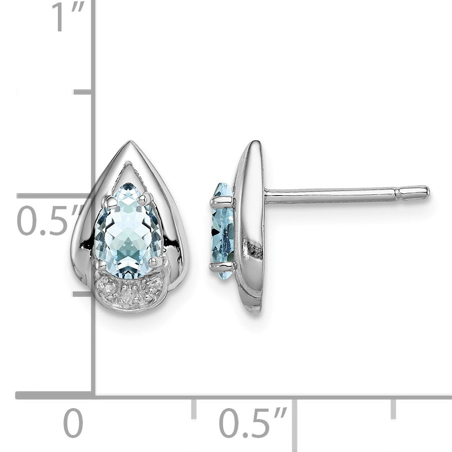 Sterling Silver Rhodium Plated Diamond & Aquamarine Post Earrings