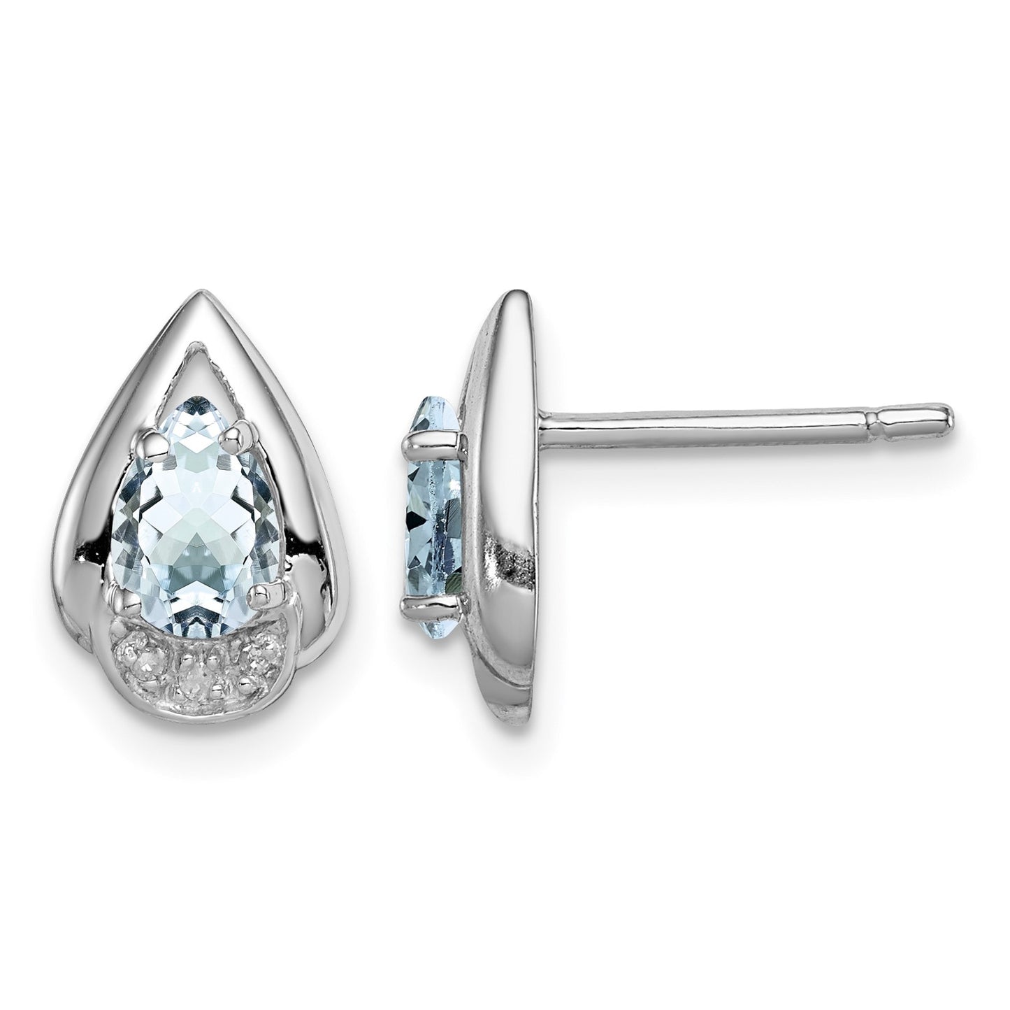 Sterling Silver Rhodium Plated Diamond & Aquamarine Post Earrings
