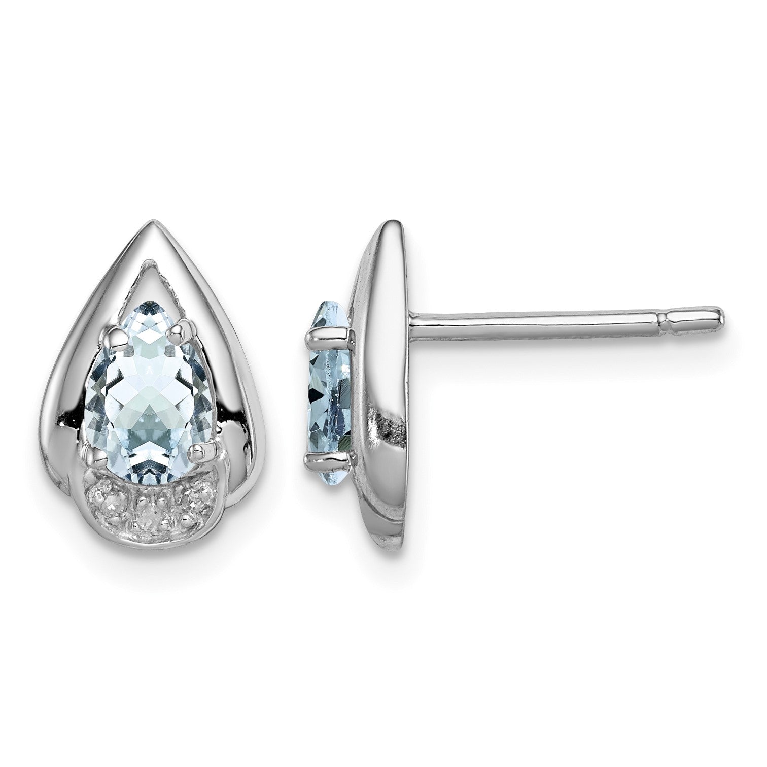 Sterling Silver Rhodium Plated Diamond & Aquamarine Post Earrings
