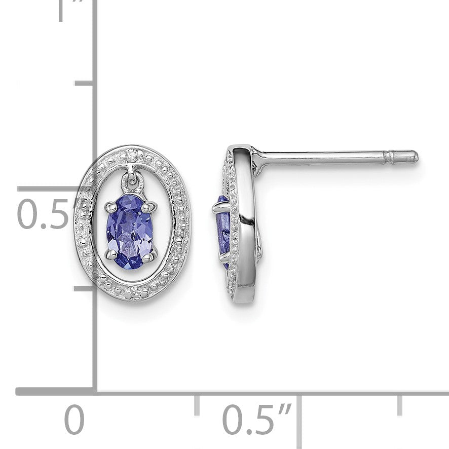 Sterling Silver Rhodium Plated Diamond & Tanzanite Oval Post Earrings