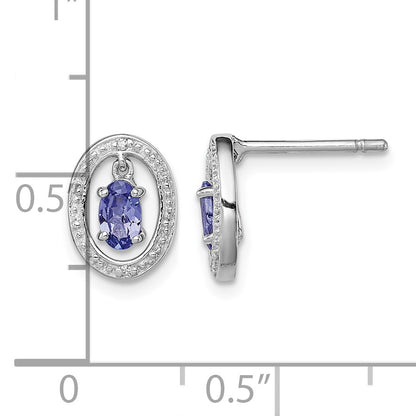 Sterling Silver Rhodium Plated Diamond & Tanzanite Oval Post Earrings