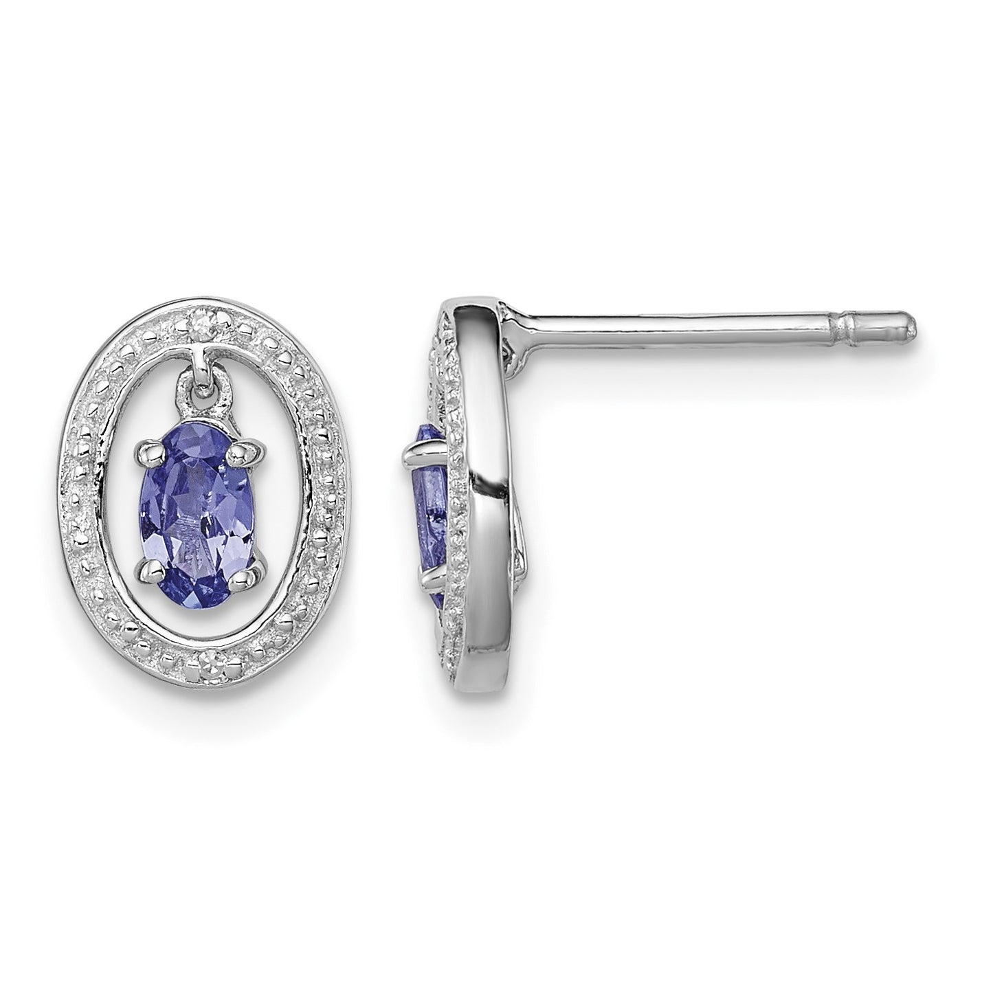 Sterling Silver Rhodium Plated Diamond & Tanzanite Oval Post Earrings