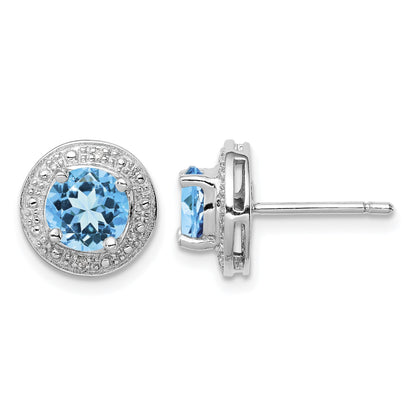 Sterling Silver Rhodium Plated Diamond and Blue Topaz Post Earrings