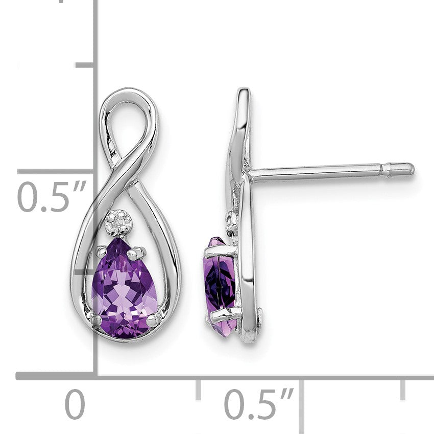Sterling Silver Rhodium Plated Diamond and Amethyst Post Earrings