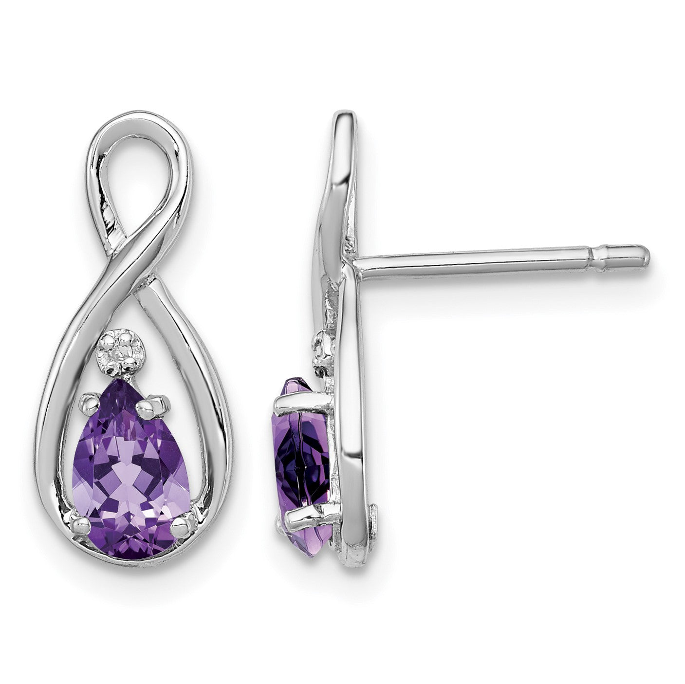 Sterling Silver Rhodium Plated Diamond and Amethyst Post Earrings