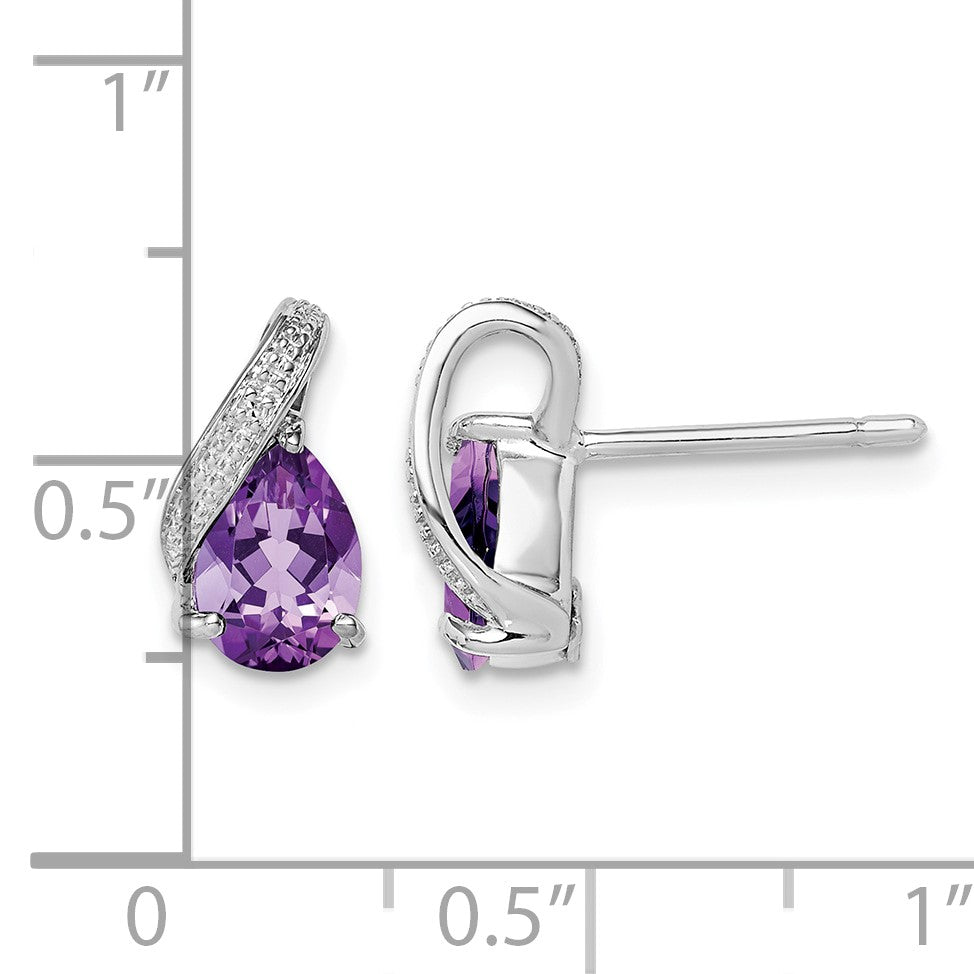 Sterling Silver Rhodium Plated Diamond and Amethyst Post Earrings