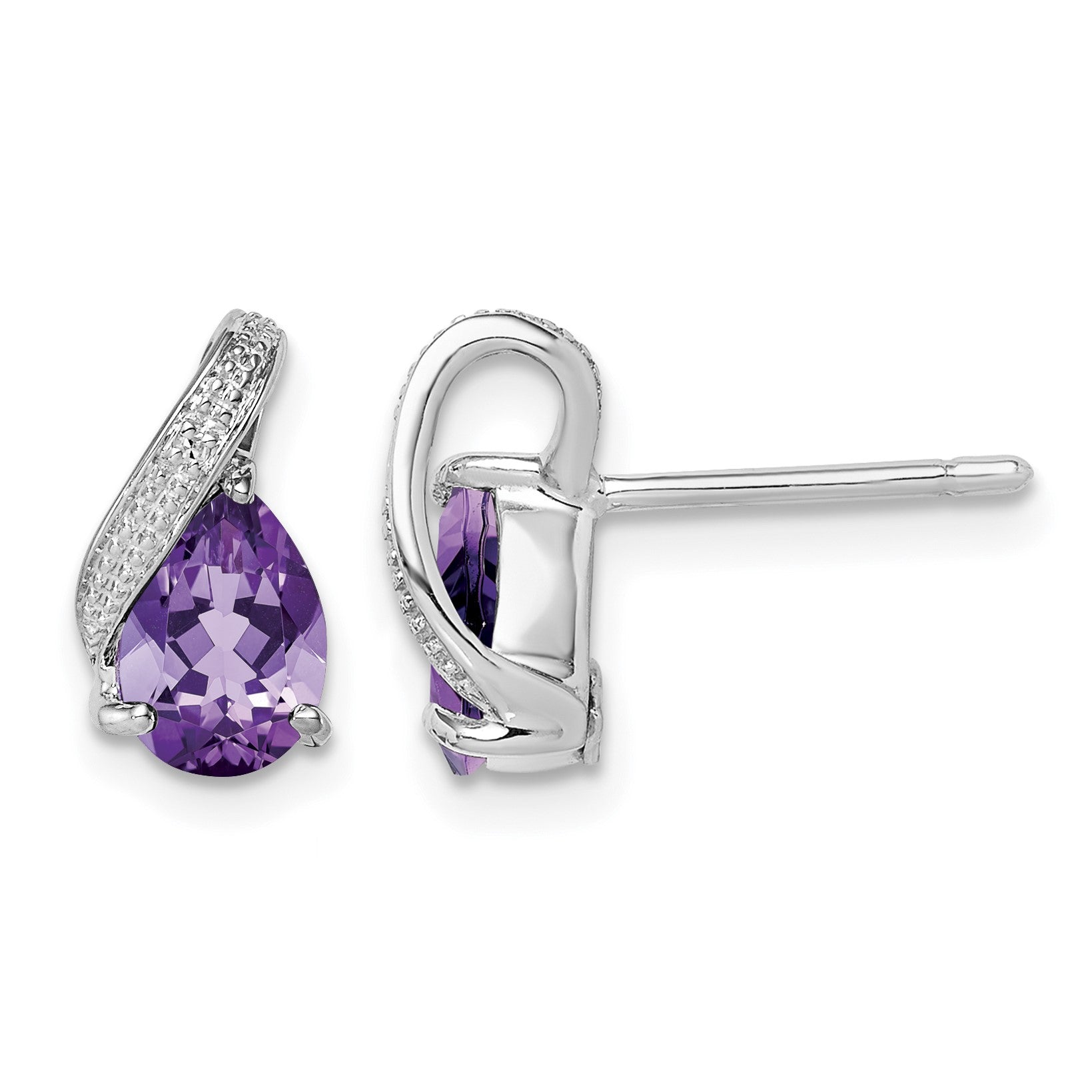 Sterling Silver Rhodium Plated Diamond and Amethyst Post Earrings