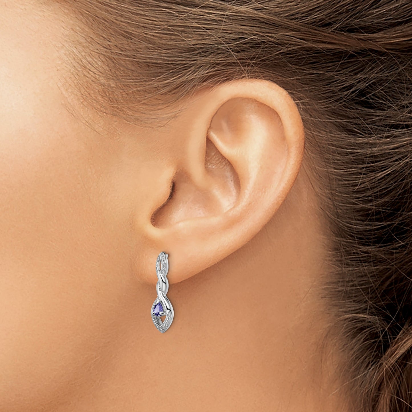 Sterling Silver Rhodium Plated Diamond and Tanzanite Post Earrings