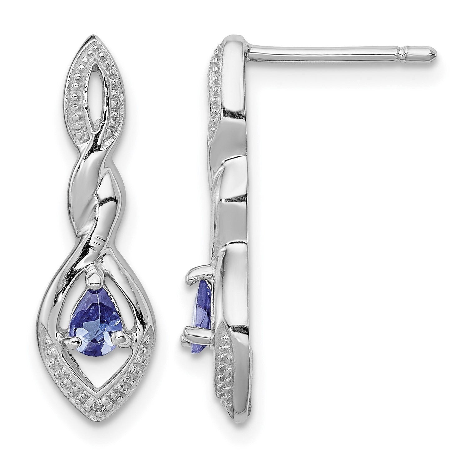 Sterling Silver Rhodium Plated Diamond and Tanzanite Post Earrings