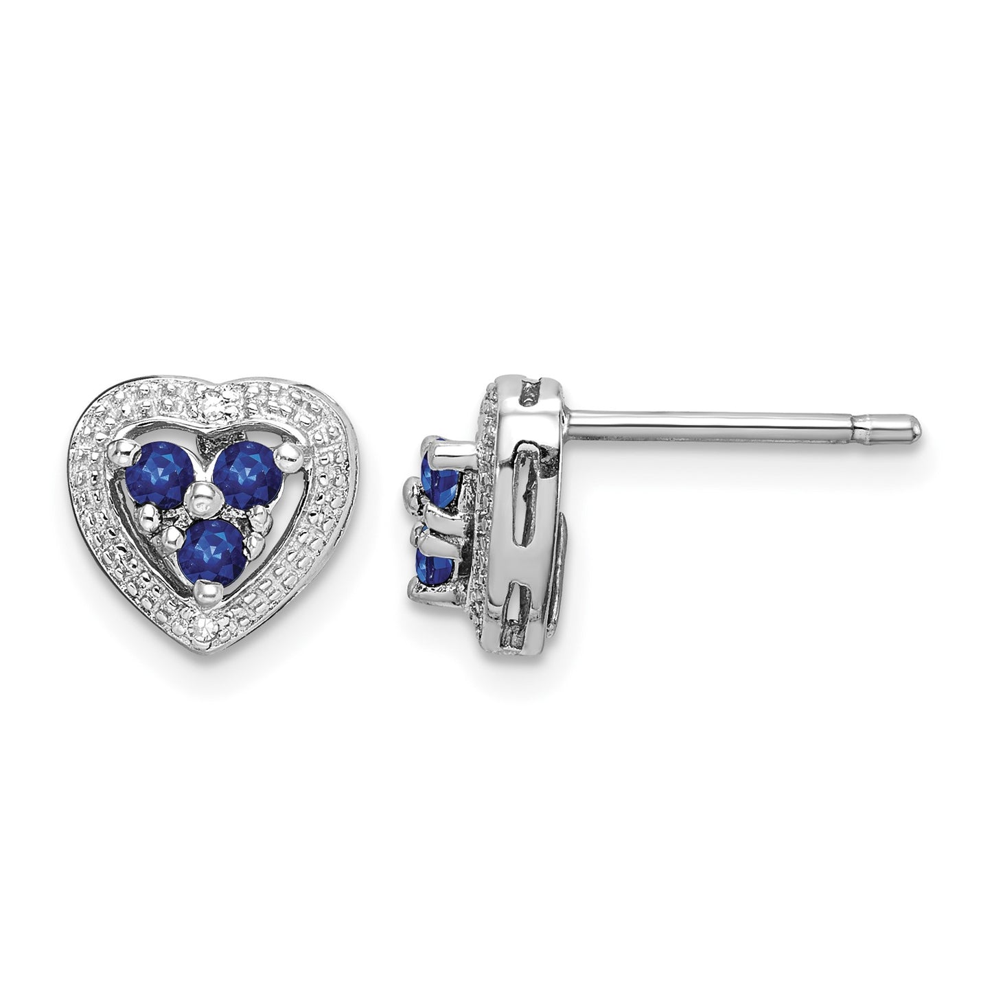 Sterling Silver Rhodium Plated Diamond & Sapphire Heart Earrings