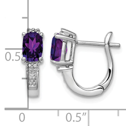 Sterling Silver RH Plated Diamond and Amethyst Hinged Hoop Earrings