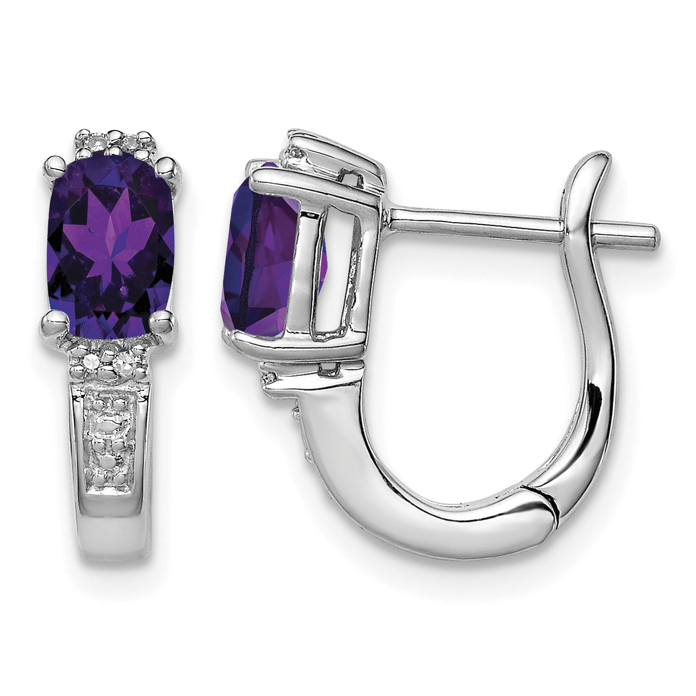 Sterling Silver RH Plated Diamond and Amethyst Hinged Hoop Earrings