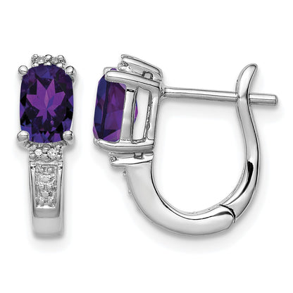 Sterling Silver RH Plated Diamond and Amethyst Hinged Hoop Earrings