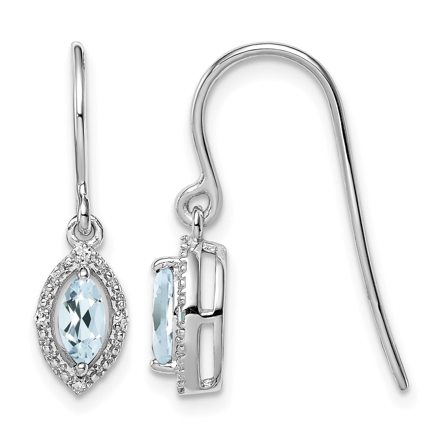 Sterling Silver Rhodium-plated Diamond and Aquamarine Earrings