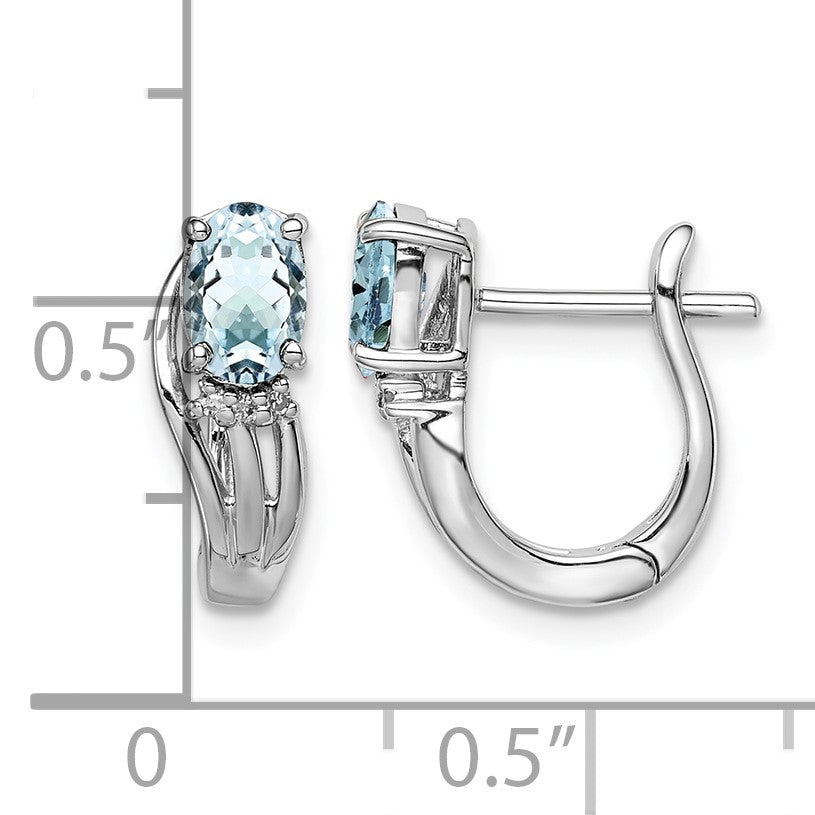 Sterling Silver Rhodium Plated Dia. Aquamarine Hinged Earrings
