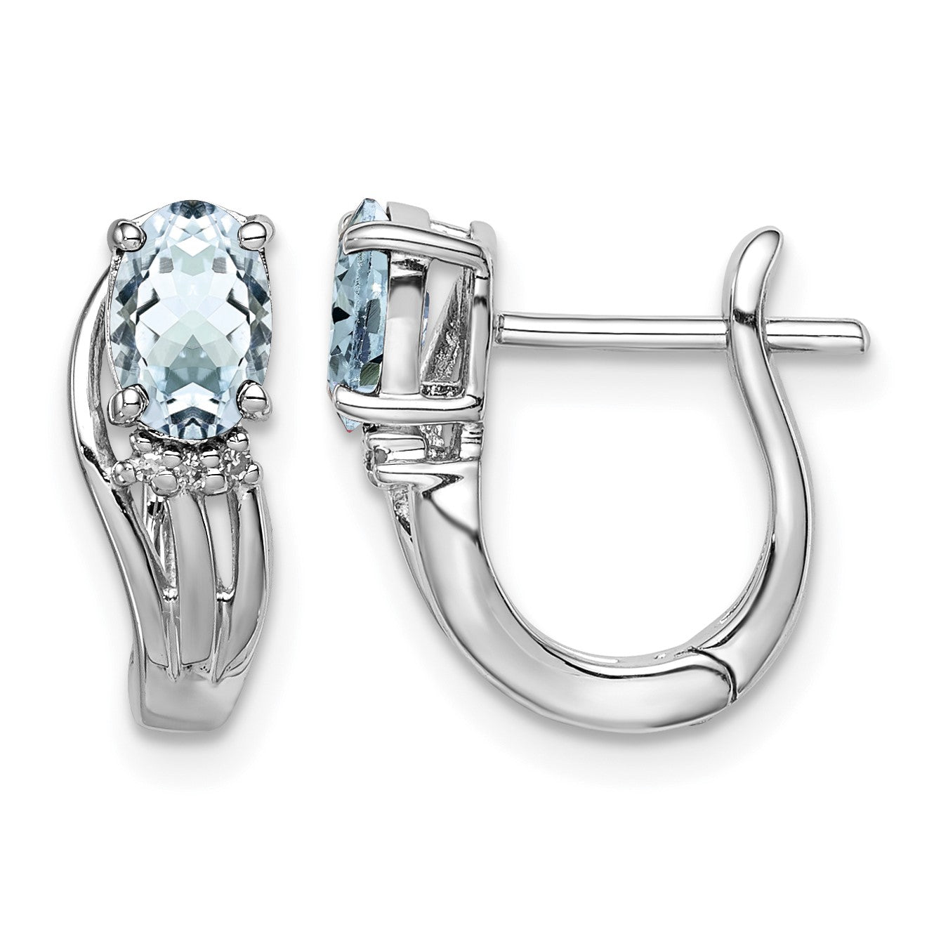 Sterling Silver Rhodium Plated Dia. Aquamarine Hinged Earrings