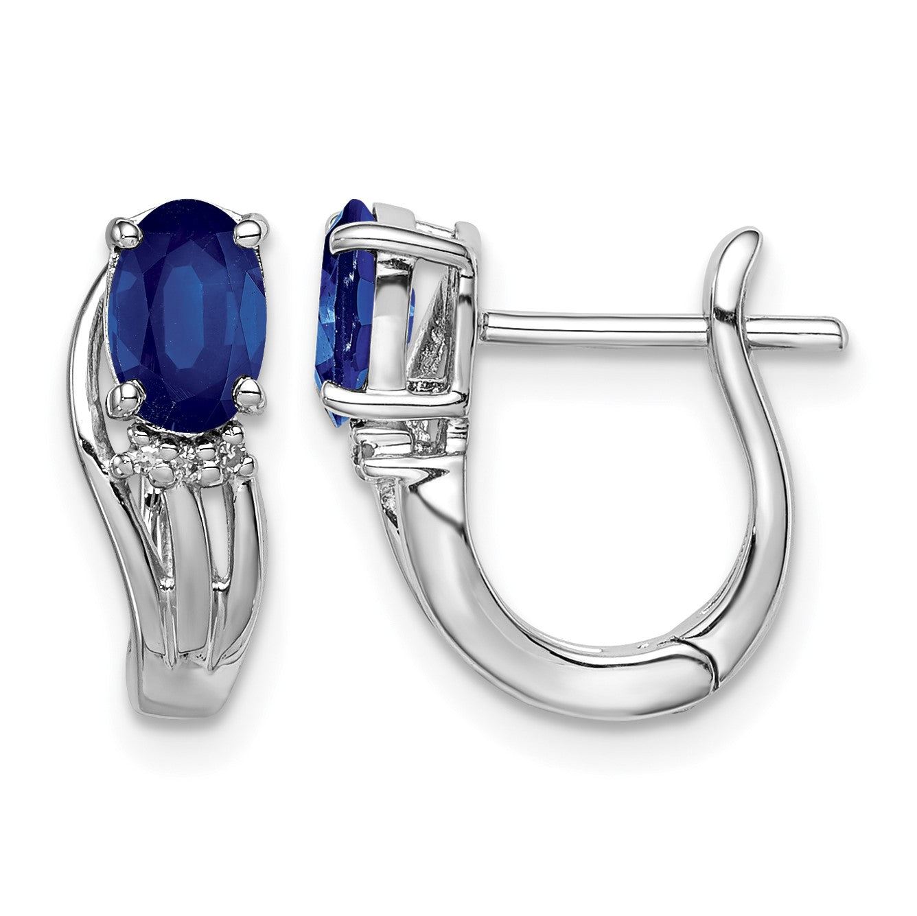 Sterling Silver Rhodium Plated Diamond & Sapphire Hinged Earrings