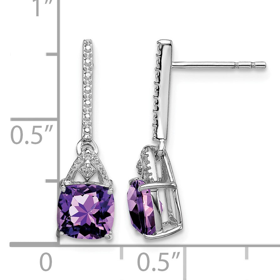 Sterling Silver Rhodium Plated Diamond and Amethyst Post Earrings