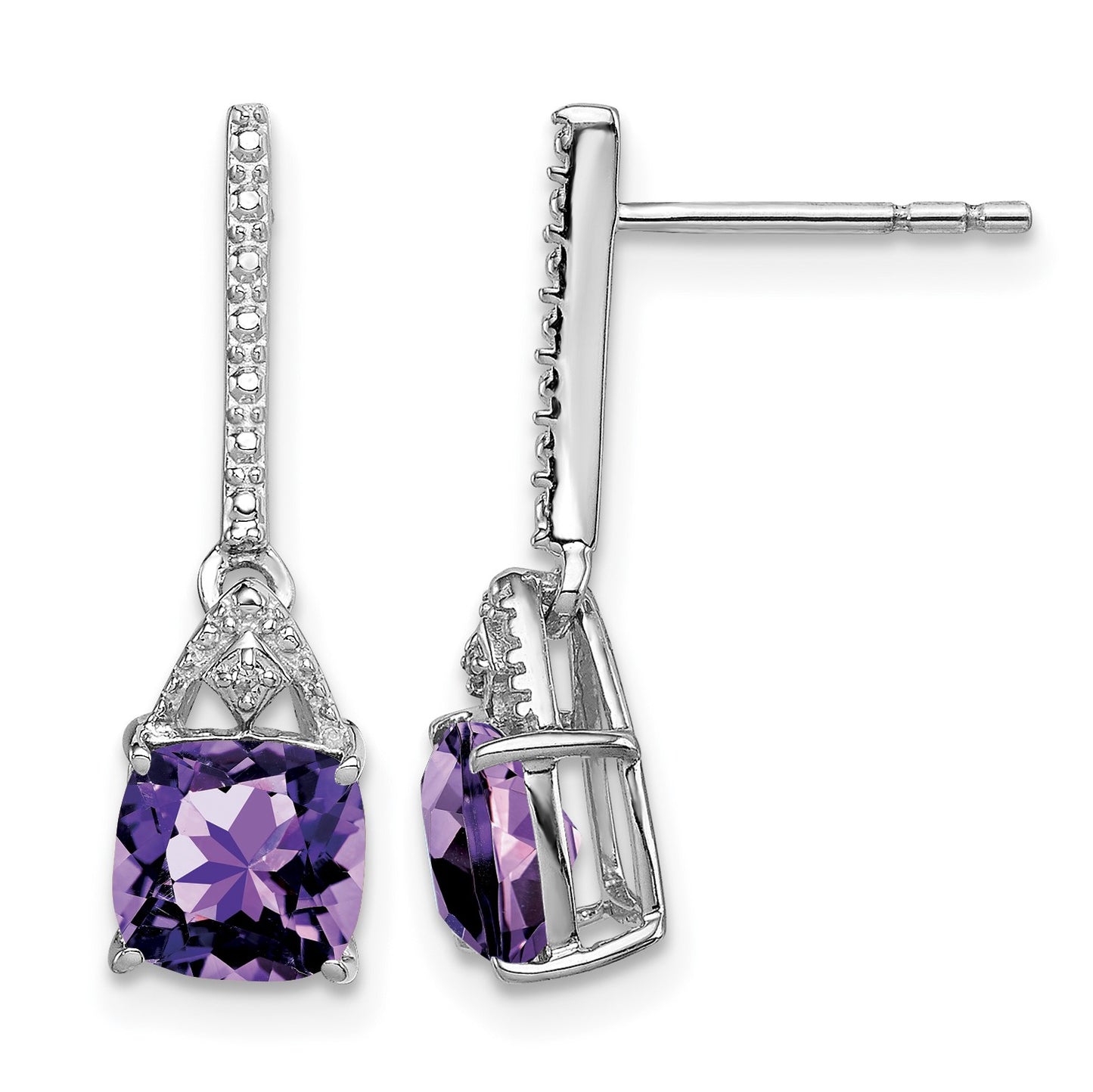Sterling Silver Rhodium Plated Diamond and Amethyst Post Earrings